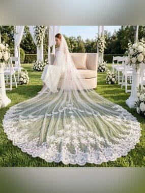 Long Lace Edge Bridal Veil - Cathedral Length, off-White